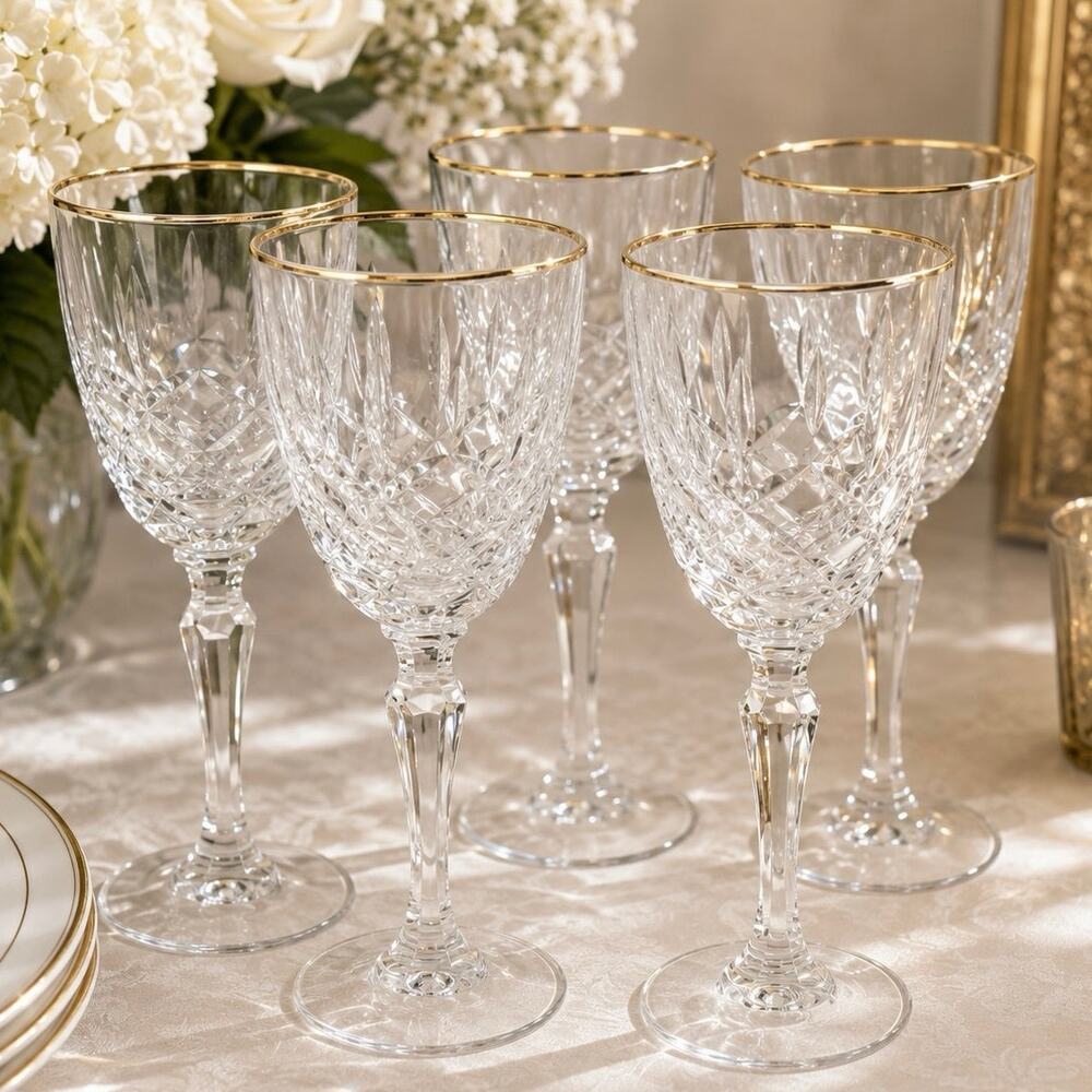 Marquis By Waterford Set of 5 Gold Rim Cut Crystal Chelsea Water Wine Goblet